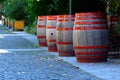 Street decoration and barrier for restaurant terrace of wooden barrels Royalty Free Stock Photo