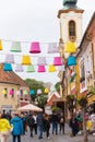 Street decoration of plenty colorful lampshades in old town of Szentendre. Hungary