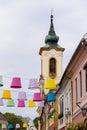 Street decoration of plenty colorful lampshades in old town of Szentendre. Hungary