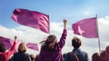 A determined female activist waves a vibrant purple flag. Generative AI