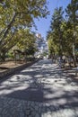 Street downtown in the city located near the river Jucar, Church