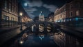 Street of Dublin bridge and buildings river reflection with light under the moon Royalty Free Stock Photo