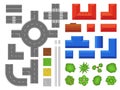 Street elements map top view. Urban objects, buildings and houses with roofs. Park trees and shrubs. Pedestrian tile