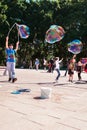 Street entertainer with giant bubbles in Sydney, Australia, April 2012