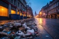 Street of a European city with dirt and garbage after a protest or riot