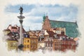 Old town landmark street houses of the tourist route. Watercolor illustration style. Warsaw center Royalty Free Stock Photo