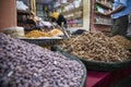 Street exhibition of nuts and other foods in a street shop in Beni Mellal (Morocco) where they sell dried fruits Royalty Free Stock Photo