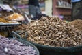 Street exhibition of a street shop in Beni Mellal (Morocco) where they sell dried fruits Royalty Free Stock Photo