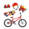 Street extreme sports gear set, bike, skates Royalty Free Stock Photo