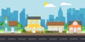 Street with facades of houses. Street with private houses on the background of the urban landscape. Vector illustration of a Royalty Free Stock Photo
