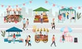 Street fair flat vector illustration. Outdoor market stalls, summer trade tents with sellers and buyers. Flowers, farmers food and