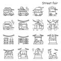 Street fair icons set. Food trucks, circus tent and market stands simple vector illustrations