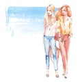 Street fashion 1. Girls. Watercolor illustration