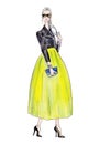 Street fashion. watercolor fashion illustration. art sketch of beautiful young woman in skirt