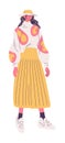 Street fashion woman in pink and yellow, drawn with lines. Long skirt, oversize sweater, sneakers. Vector lovely character