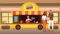 Street Fast Food Concept. Fast Food Mobile Restaurant Food Truck With Hamburgers, Soda And Different Sauces Offers A
