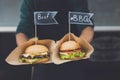 Street fast food festival hamburgers with beef and bbq Royalty Free Stock Photo