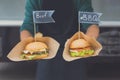 Street fast food festival, hamburgers with beef and bbq Royalty Free Stock Photo