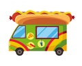Street fast food. Mobile food car. Hot dog fast food street shop. Hot dog street cart, food market Royalty Free Stock Photo