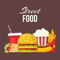 Street fast food posters or banner vector illustration. Soda drink and burger or hot dog sandwich and chicken nugget