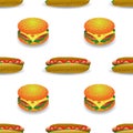 Street Fast Food Seamless Pattern. Fresh Hamburger and Hot Dog. Unhealthy High Calorie Meal. Set of Sandwiches