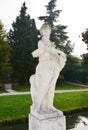 Street, female marble statue, castle in Castelfranco Veneto, in Italy