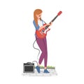 Street Female Musician Playing Electric Guitar, Live Performance Cartoon Style Vector Illustration