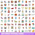 100 street festival icons set, cartoon style Royalty Free Stock Photo