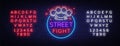 Street fight logo in neon style. Fight Club neon sign. Logo with brass knuckles. Sports neon sign on night fighting, MMA