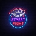 Street fight logo in neon style. Fight Club neon sign. Logo with brass knuckles. Sports neon sign on night fighting