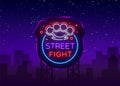 Street fight logo in neon style. Fight Club neon sign. Logo with brass knuckles. Sports neon sign on night fighting