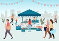 Street fishmarket flat illustration. People walk summer fair, outdoor market stall with seafood. Fresh sea food trade tent, fish Royalty Free Stock Photo