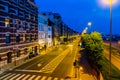 The street at the flemish quay in antwerp city, entrepot du congo building with many other buildings, antwerpen, belgium, april 23 Royalty Free Stock Photo