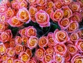 Street flower market. Bunches of bouquets of colored roses for sale