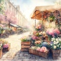 Street flower market in Paris, watercolor painting.