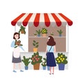 Street Flowers floral market talls canopy. Seller and Buyers. Vector, Illustration, Isolated, Banner, Template Cartoon Royalty Free Stock Photo