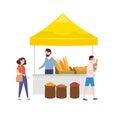 Street food bakery market talls canopy and baked goods. Seller and Buyers. Vector, Illustration, Isolated, Banner Royalty Free Stock Photo