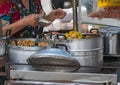 Street food of Bangkok, Thailand. Dim Sum or dumpling in stream hot pot on food wheelbarrow in a morning in downtown Royalty Free Stock Photo