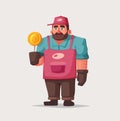 Street food and beverages funny hawker. Cartoon vector illustration. Seller or chef character