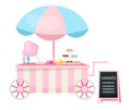 Street food cart flat vector illustration. Sweets and candies trolley. Outdoor confectionery cartoon concept isolated on white.