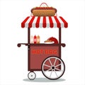 Street food cart with hot dogs. Flat vector illustration of cart selling sausages at fairs, street, Park, festival Royalty Free Stock Photo