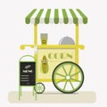 Street food cart with sweet corn. Flat vector illustration of a cute cart selling corn in cups at fairs, street, Park