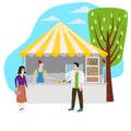 Street food drinks market talls canopy and beverages. Seller and Buyers. Vector, Illustration, Isolated, Banner Royalty Free Stock Photo