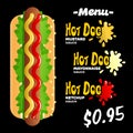 Street food and fast food menu template. Classic Hot Dog with different sauce additions, ketchup, mayonnaise, mustard.