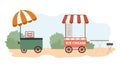 Street food festival concept with ice cream, hot dog carts in flat illustration Royalty Free Stock Photo