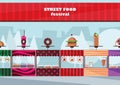 Street food festival with different fastfood kiosks flat