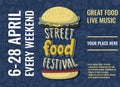 Street food festival horizontal poster with burger in cartoon style and hand drawn lettering. Fast food doodles surface