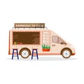 Street Food Festival icon, people buying takeaway coffee in truck, vehicle. Mobile coffee shop, cafe on wheels in city Royalty Free Stock Photo