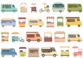 Street food festival icons set cartoon vector. Summer eat