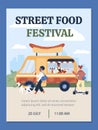 Street food festival invitation poster, people buying hot dogs at food truck, flat vector illustration. Royalty Free Stock Photo